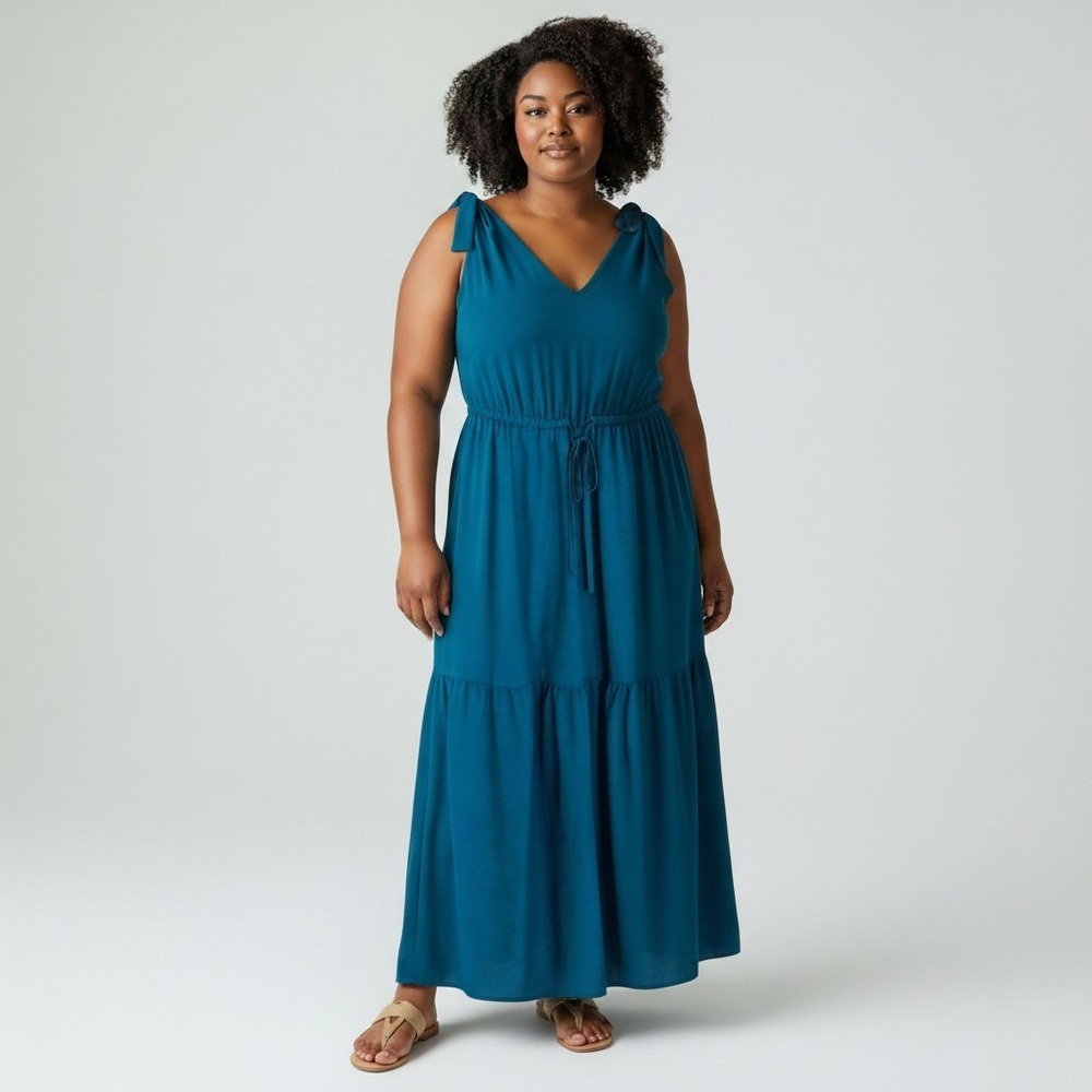 Calvin Klein Teal Maxi Dress 2XL | Sleeveless V Neck Drawstring Tiered